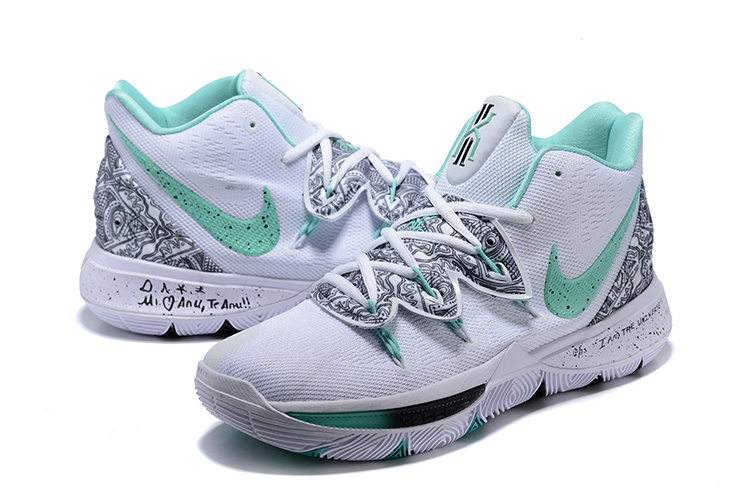 Men Nike Kyrie Irving 5 White Grey Jade Shoes - Click Image to Close